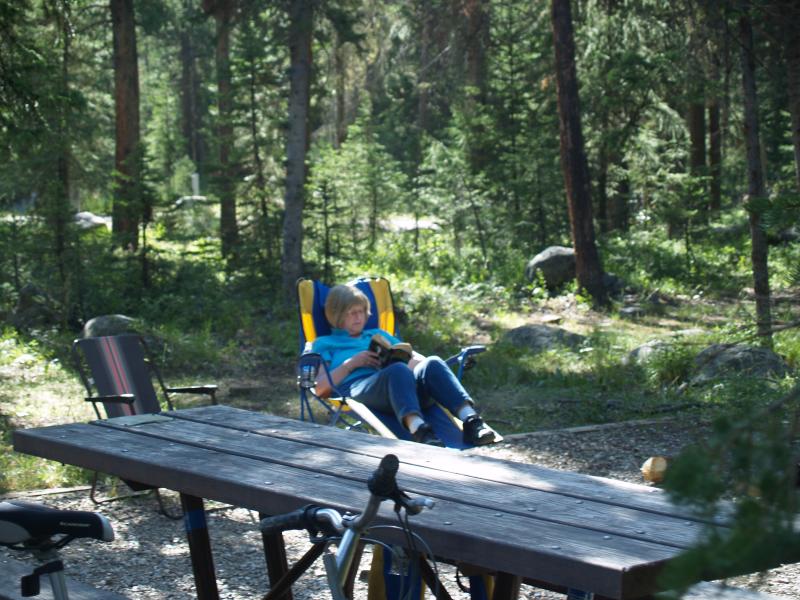 Bonnie relaxing at Fox Creek Nat'l Forest Campground US-212