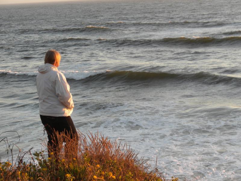 Bonnie watching sunset on the ocean