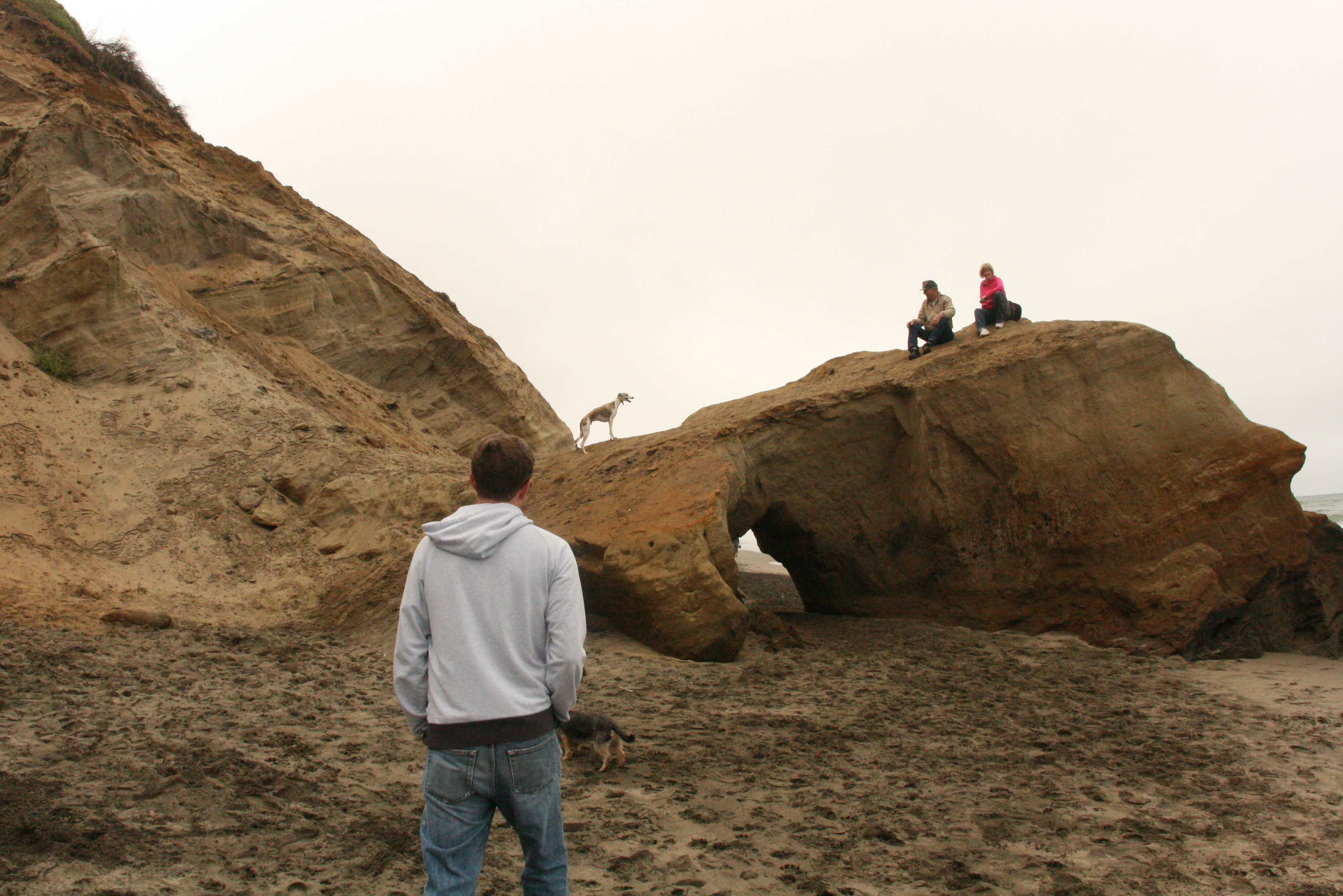 Ft. Funston Beach - Enzo, Bruce, and Bonnie on a rock