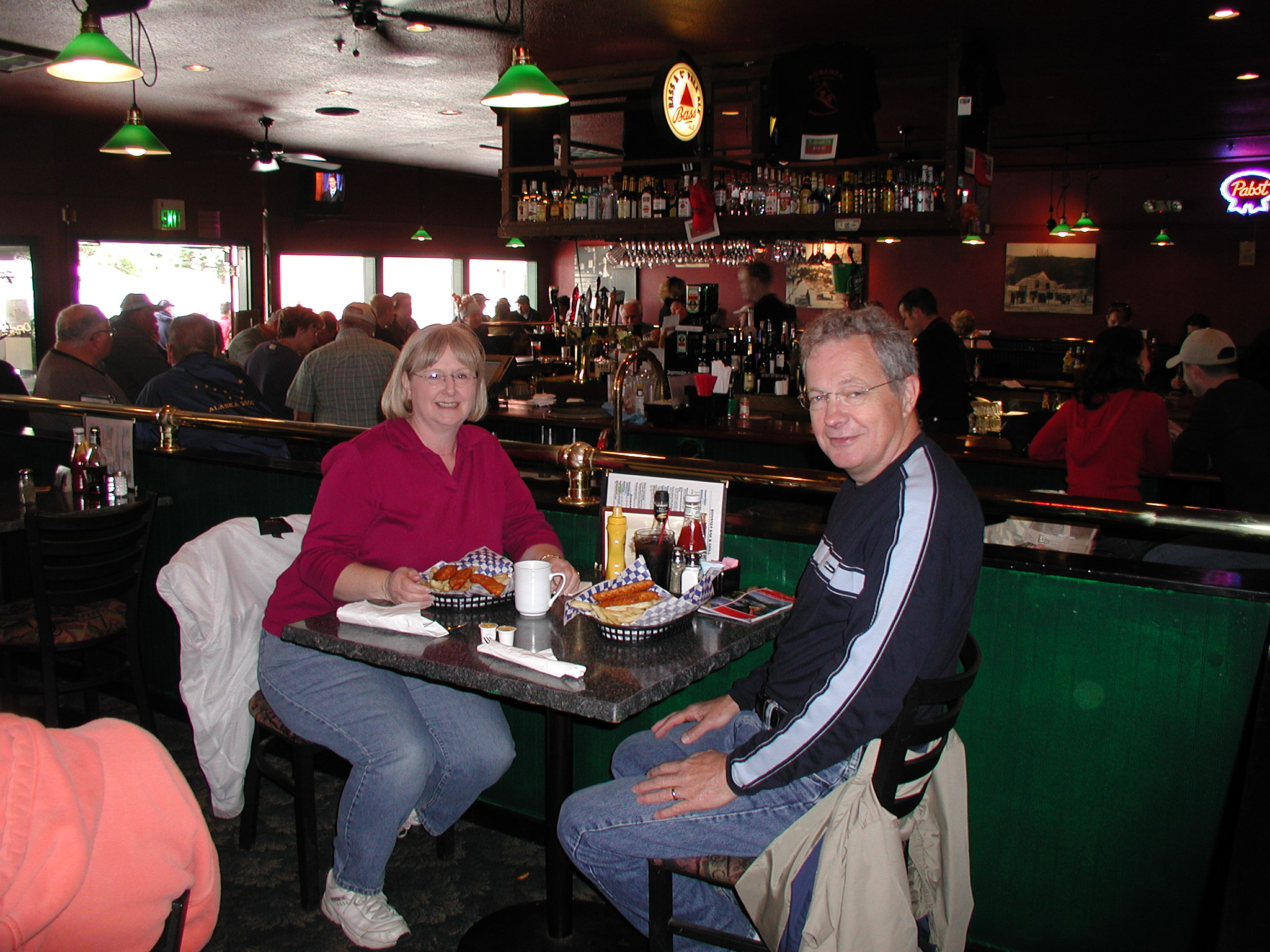 Eating Halibut at a bar in Skagway